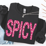 Black sweatshirt with pink 'SPICY' text on a white background
