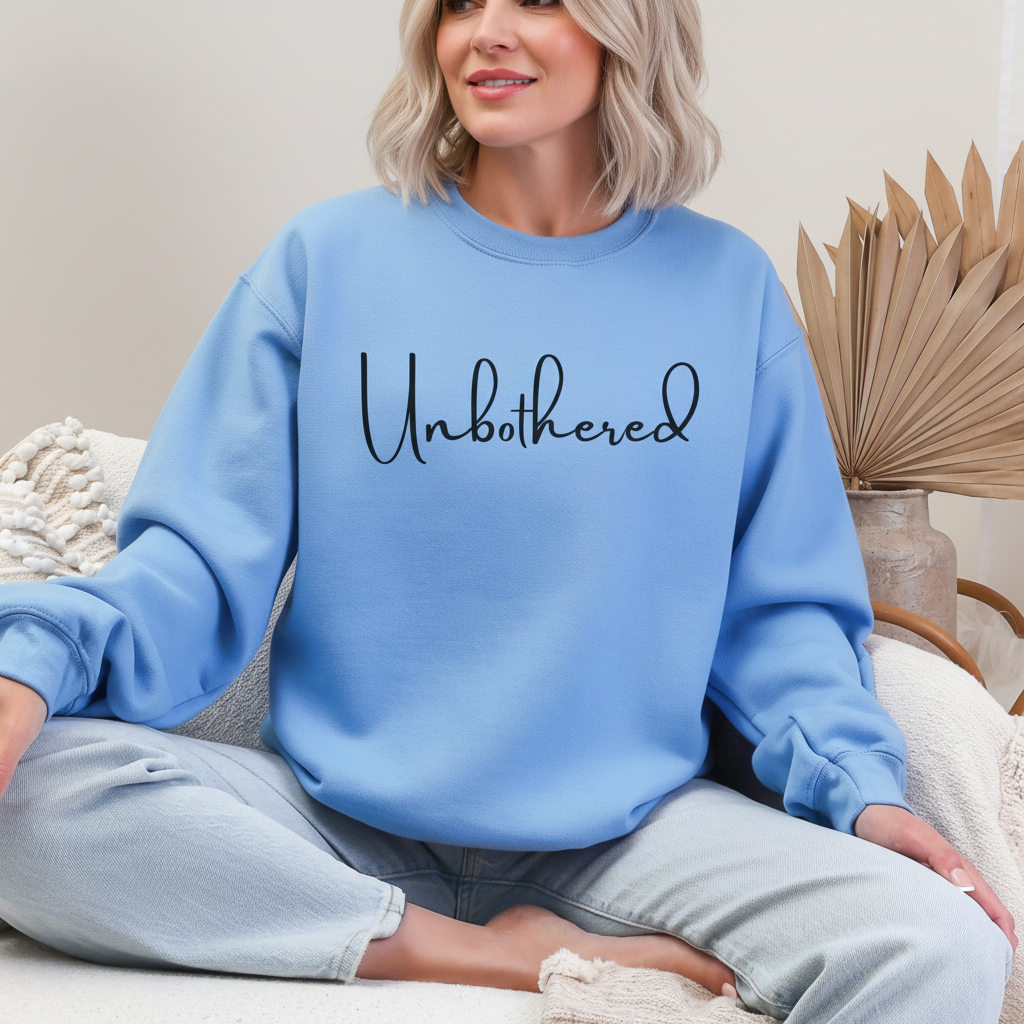 A woman sitting in jeans and a light blue sweatshirt that has the words "Unbothered" written in a script font across the front.